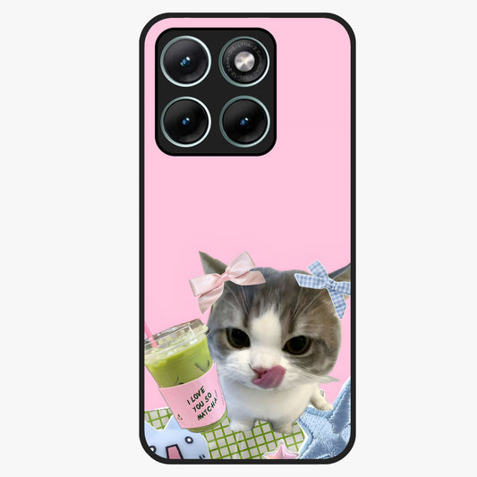 Love Matcha Cat Glass Case showing flat back view with cute cat and matcha themed artwork and glossy glass finish.