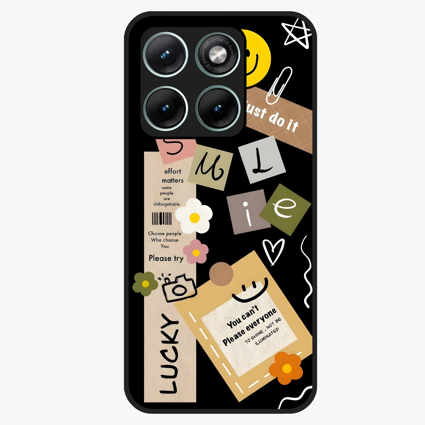 Lucky Aesthetic Collage Glass Case showing flat back view with trendy aesthetic collage artwork and glossy glass finish.