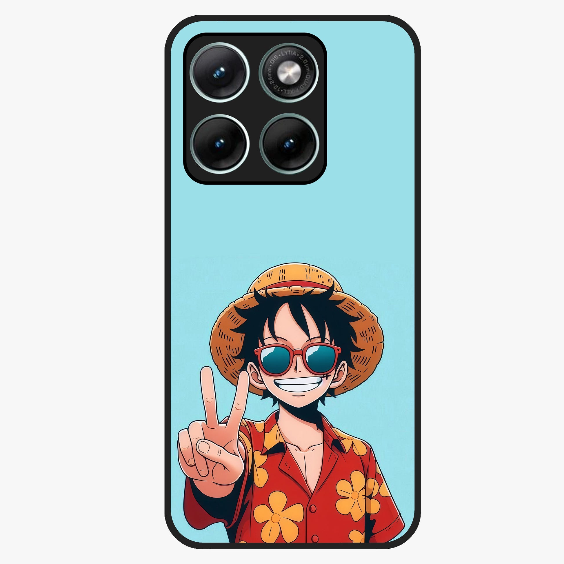 Luffy Summer Anime Vibe Glass Case showing flat back view with vibrant anime character artwork and glossy glass finish.