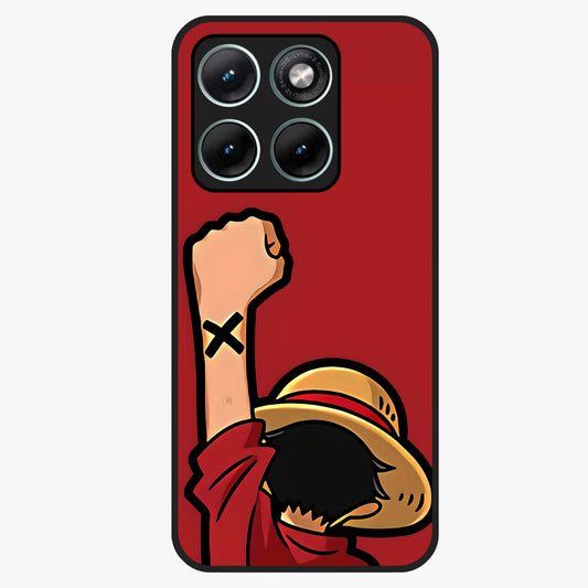 Luffy X Spirit Glass Case showing flat back view with bold anime character artwork and glossy glass finish.