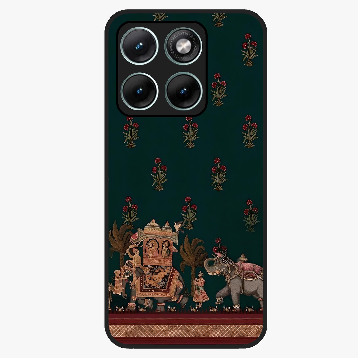 Macmerise Glass Case showing flat back view with stylish modern artwork and glossy glass finish.