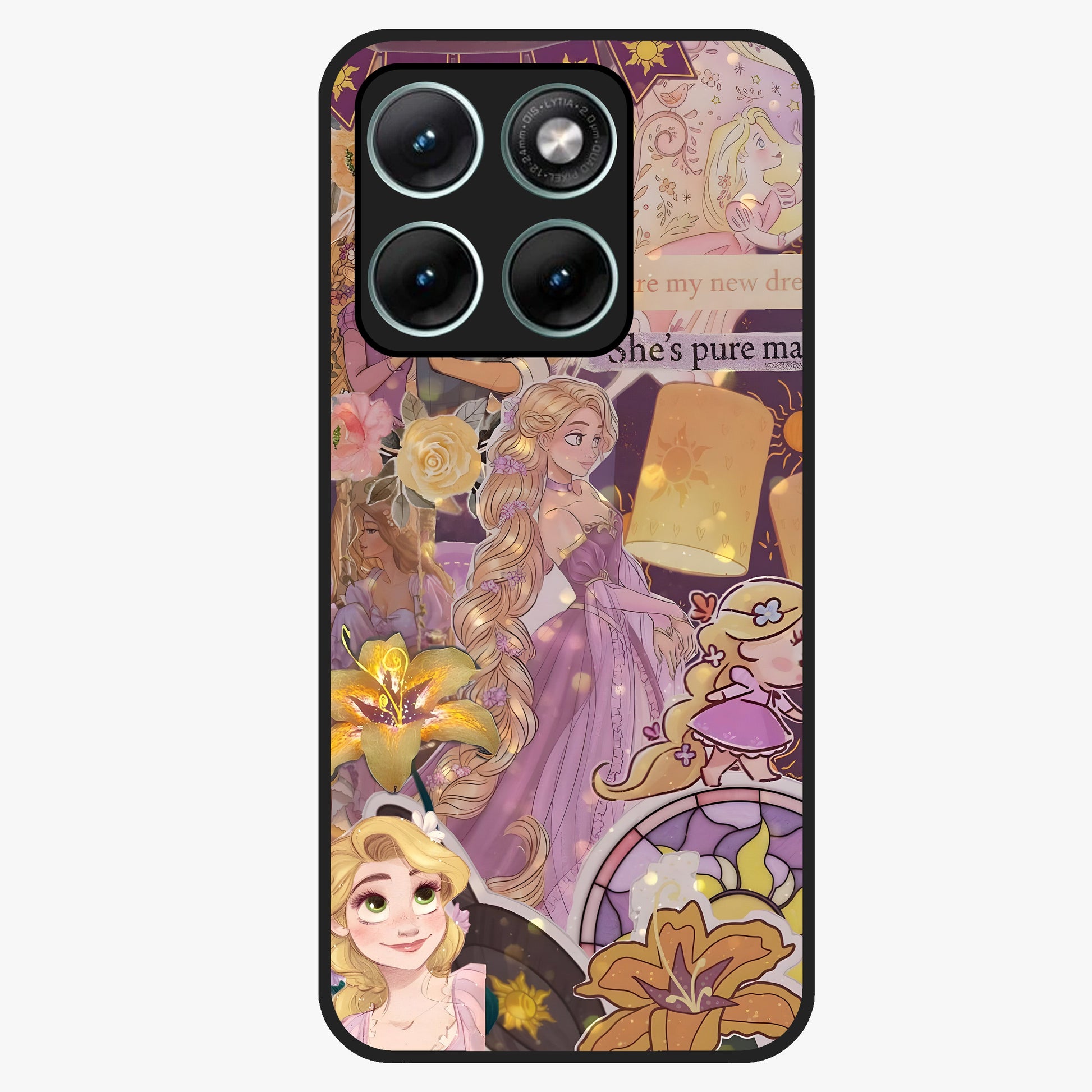 Magical Tangled Dream Glass Case showing flat back view with dreamy tangled artwork and glossy glass finish.