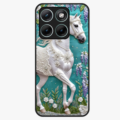 Majestic Floral Stallion Glass Case showing flat back view with powerful horse and floral artwork and glossy glass finish.