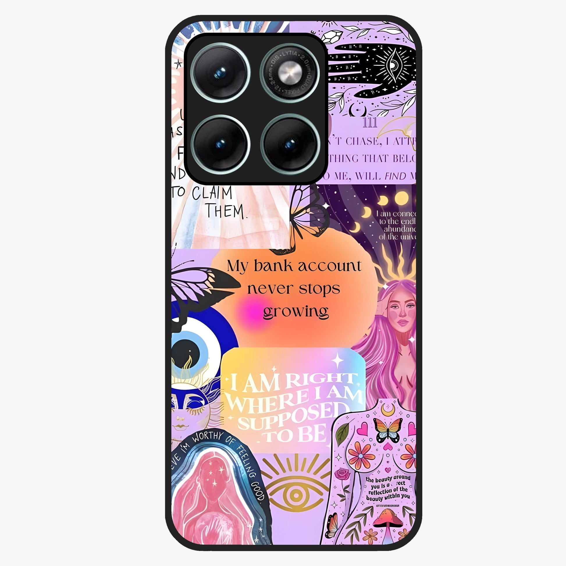 Manifestation Collage Glass Case showing flat back view with motivational collage artwork and glossy glass finish.