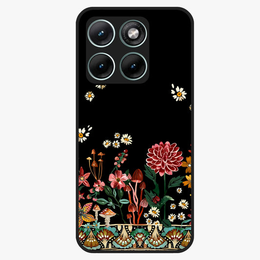 Midnight Bloom Pattern Glass Case showing flat back view with dark floral pattern artwork and glossy glass finish.