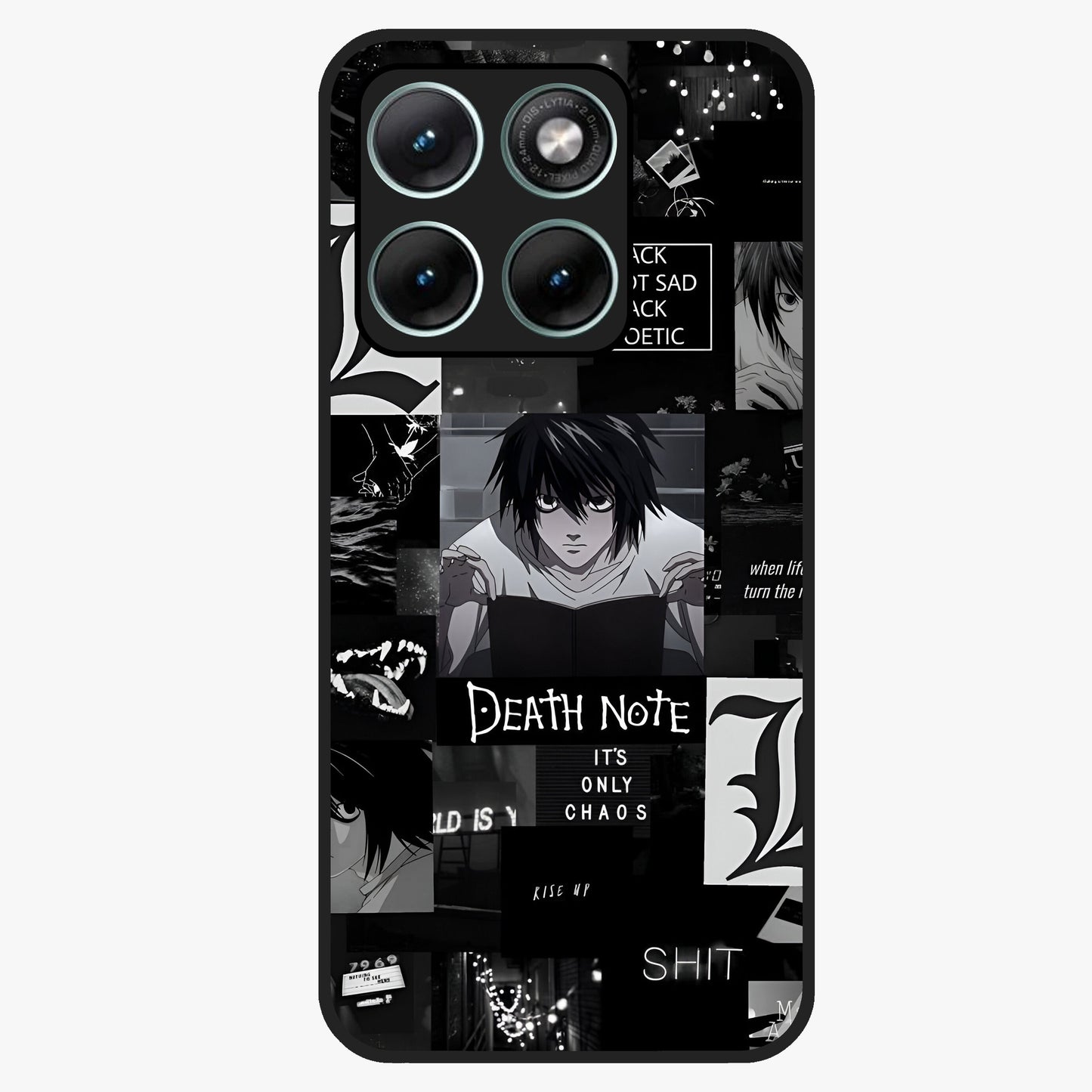 Midnight Chaos Mind Glass Case showing flat back view with abstract dark themed artwork and glossy glass finish.