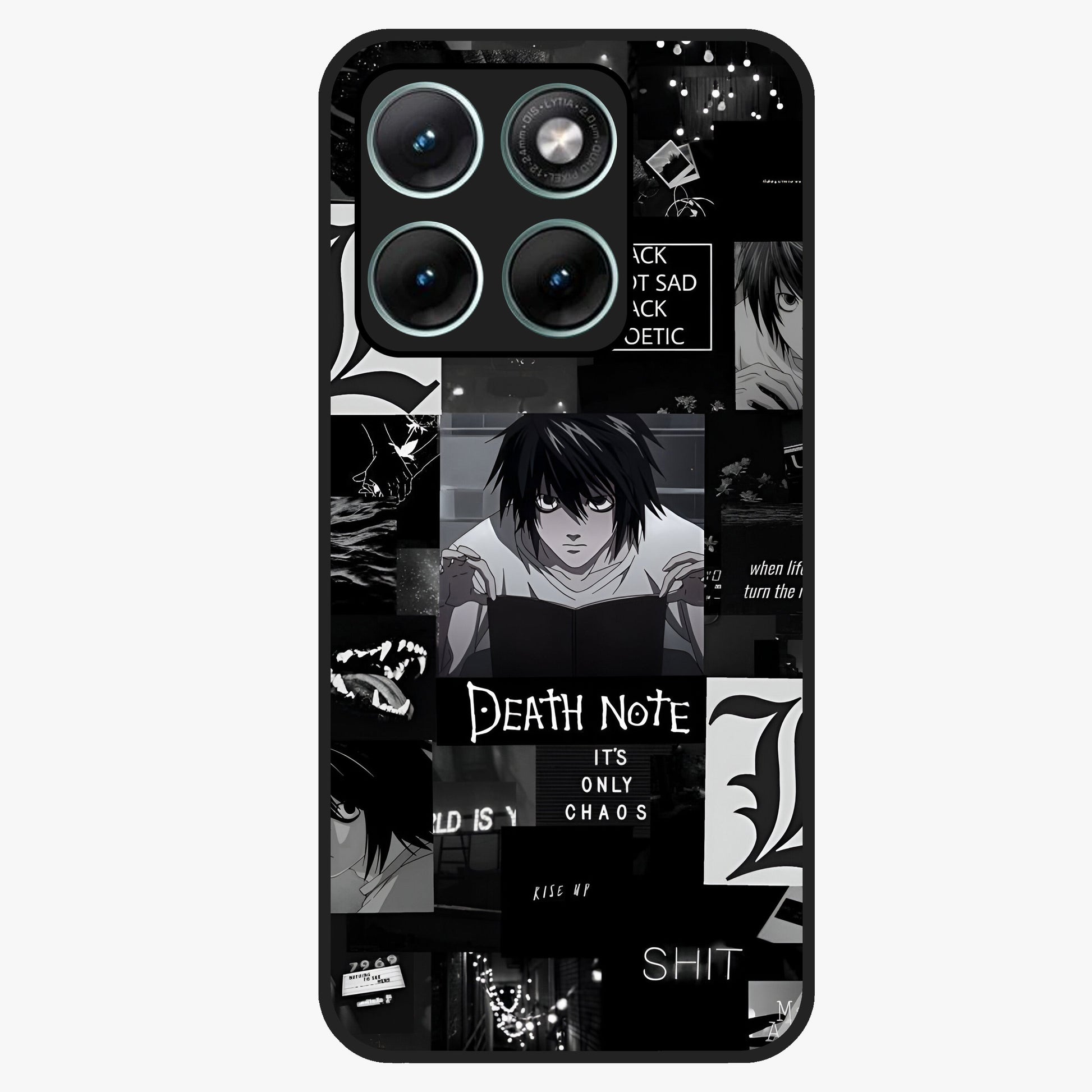 Midnight Chaos Mind Glass Case showing flat back view with abstract dark themed artwork and glossy glass finish.