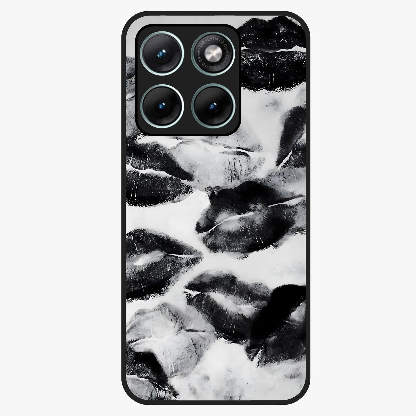Midnight Kiss Marks Glass Case showing flat back view with lipstick kiss mark artwork and glossy glass finish.