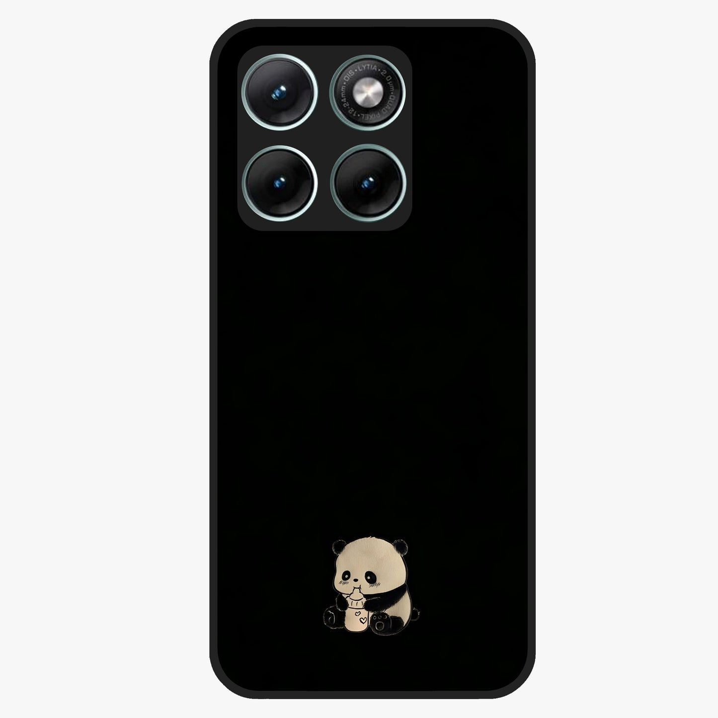 Midnight Panda Love Glass Case showing flat back view with cute panda themed artwork and glossy glass finish.