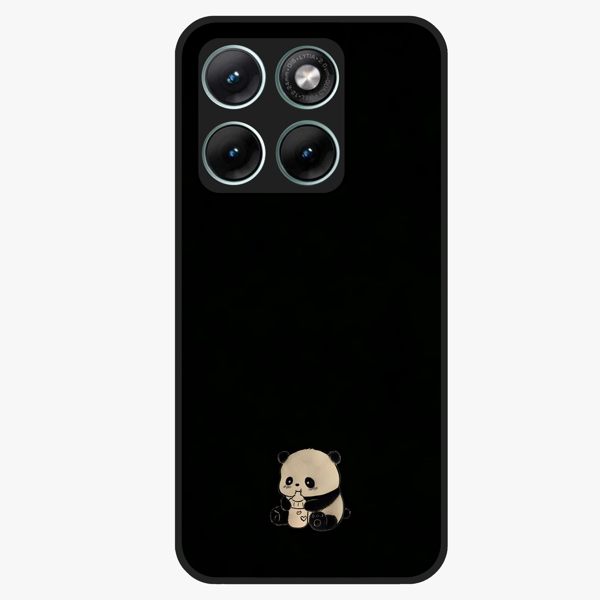 Midnight Panda Love Glass Case showing flat back view with cute panda themed artwork and glossy glass finish.