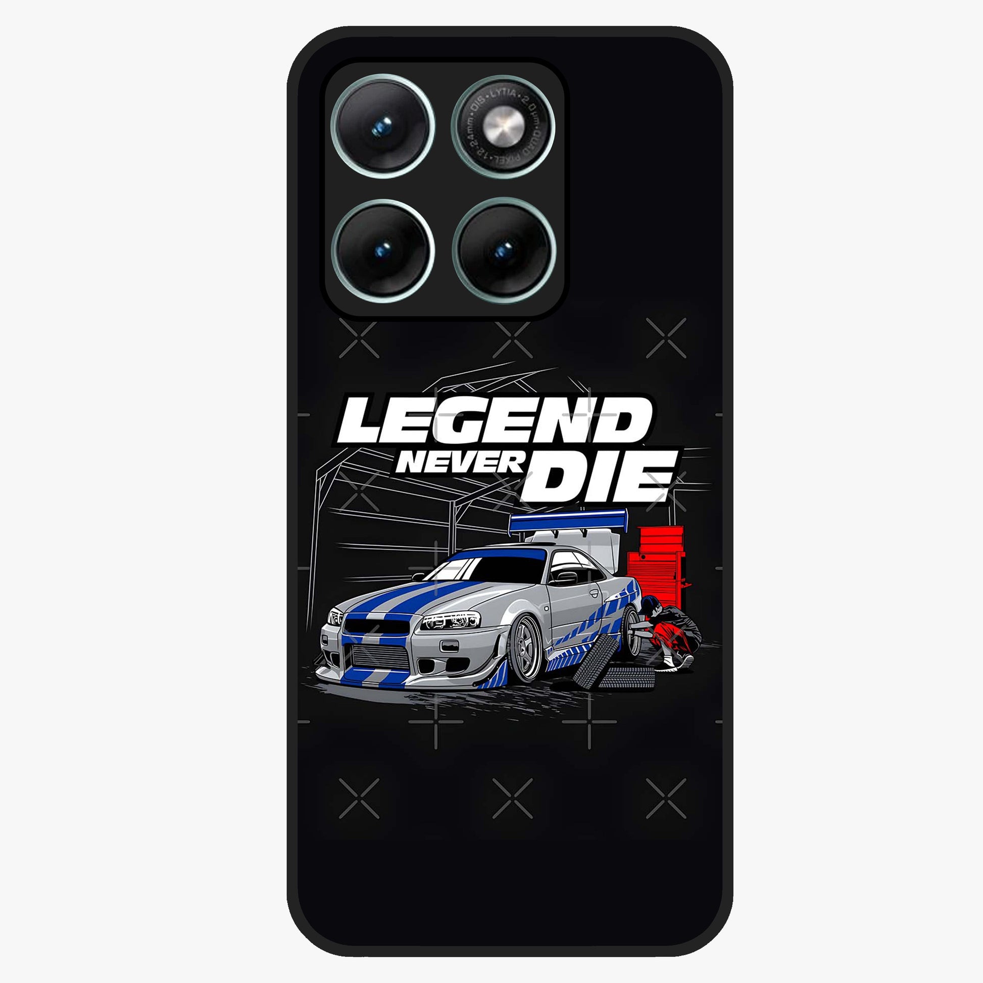 Midnight Racing Legacy Glass Case showing flat back view with sleek racing inspired artwork and glossy glass finish.