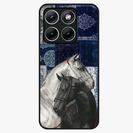 Midnight Stallion Blues Glass Case showing flat back view with majestic horse artwork and glossy glass finish.
