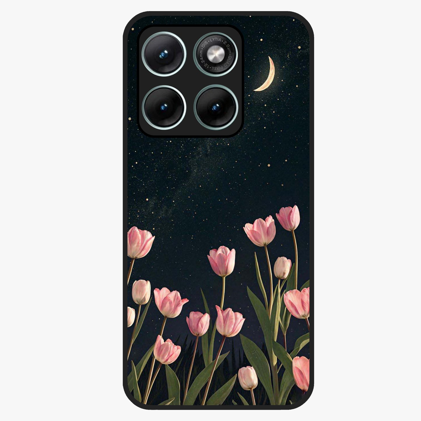 Midnight Tulip Whispers Vibe Glass Case showing flat back view with elegant tulip flower artwork and glossy glass finish.