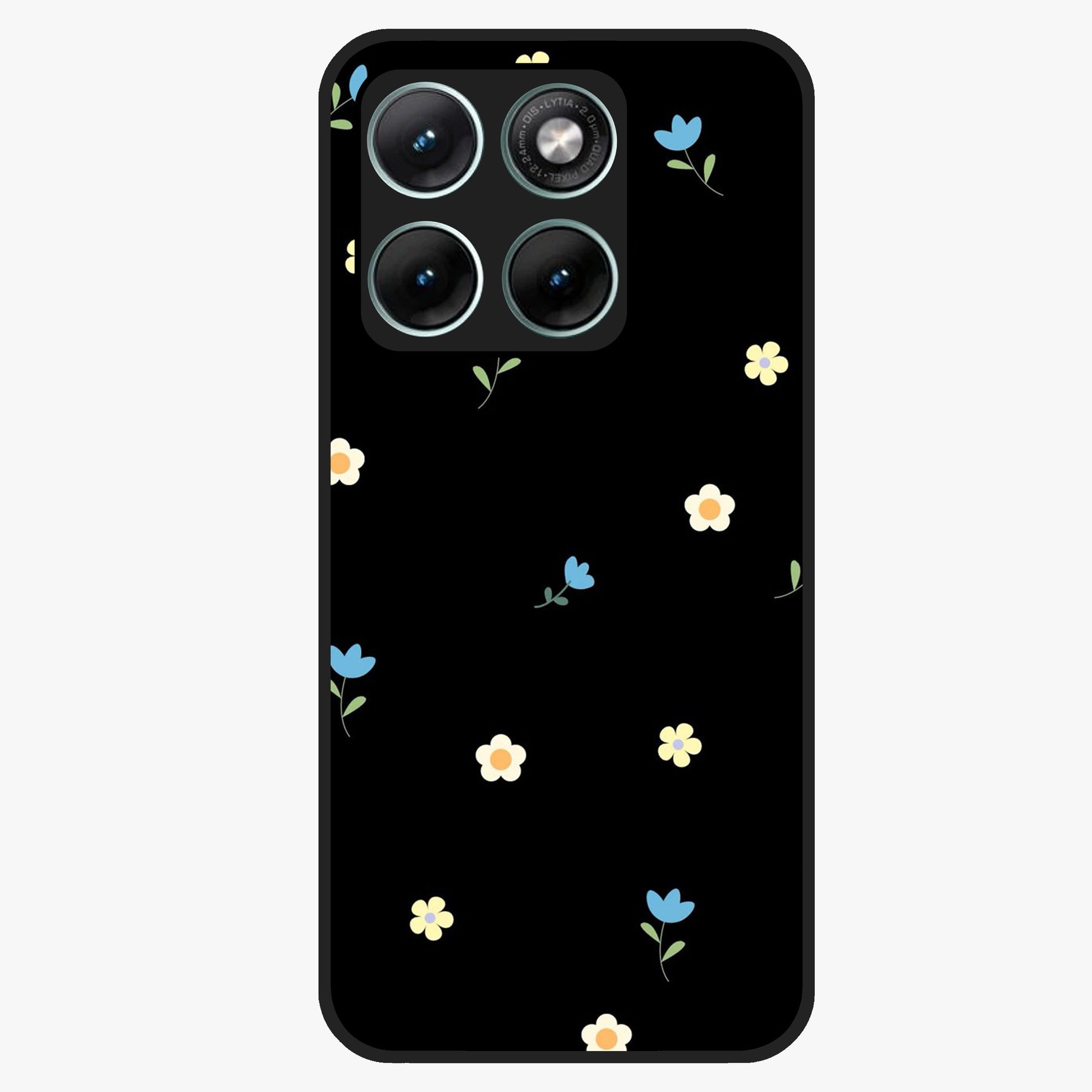 Minimalistic Blue With White Flower Pattern Glass Case showing flat back view with blue background and white flower pattern and glossy glass finish.