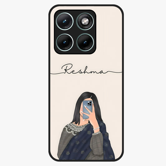 Mirror Mood Muse With Custom Name Glass Case showing flat back view with stylish mirrored artwork and personalized name design.