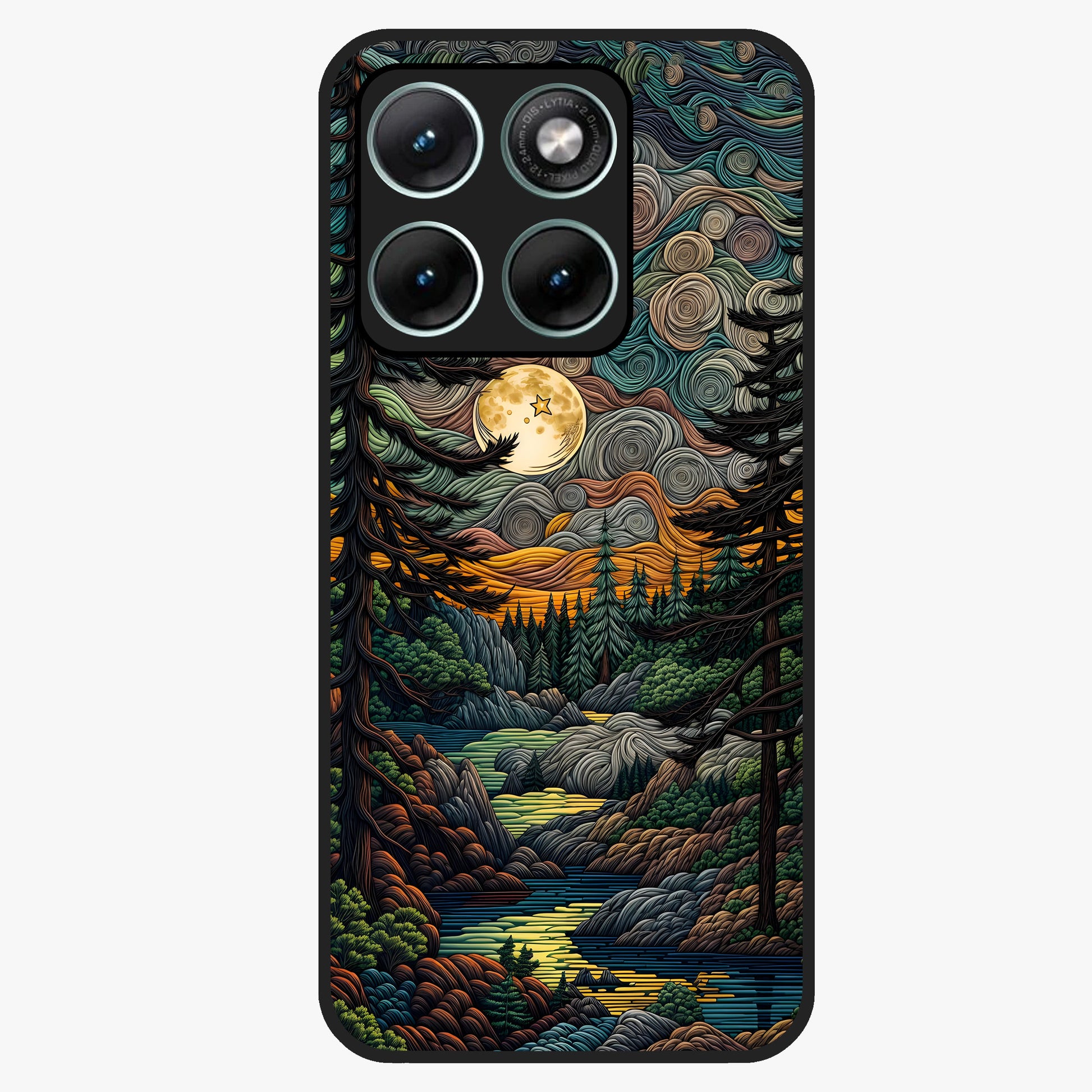 Moonlight Forest Dream Glass Case showing flat back view with mystical forest moonlight artwork and glossy glass finish.