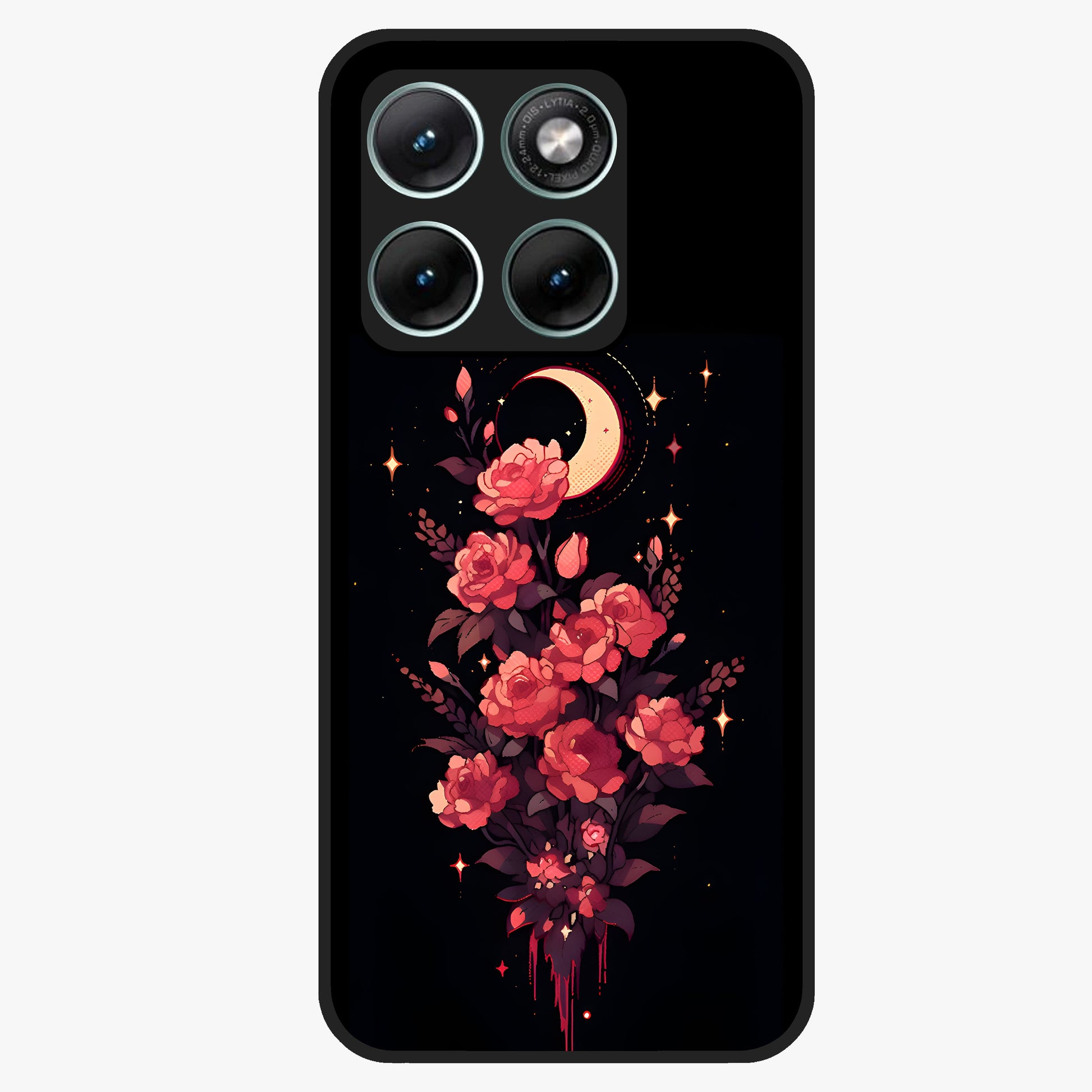Moonlit Floral Elegance Glass Case showing flat back view with elegant floral artwork under moonlit tones and glossy glass finish.