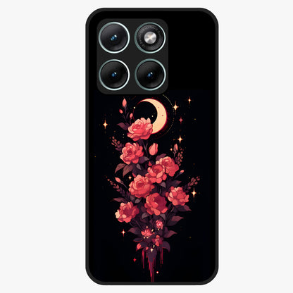 Moonlit Floral Elegance Glass Case showing flat back view with elegant floral artwork under moonlit tones and glossy glass finish.
