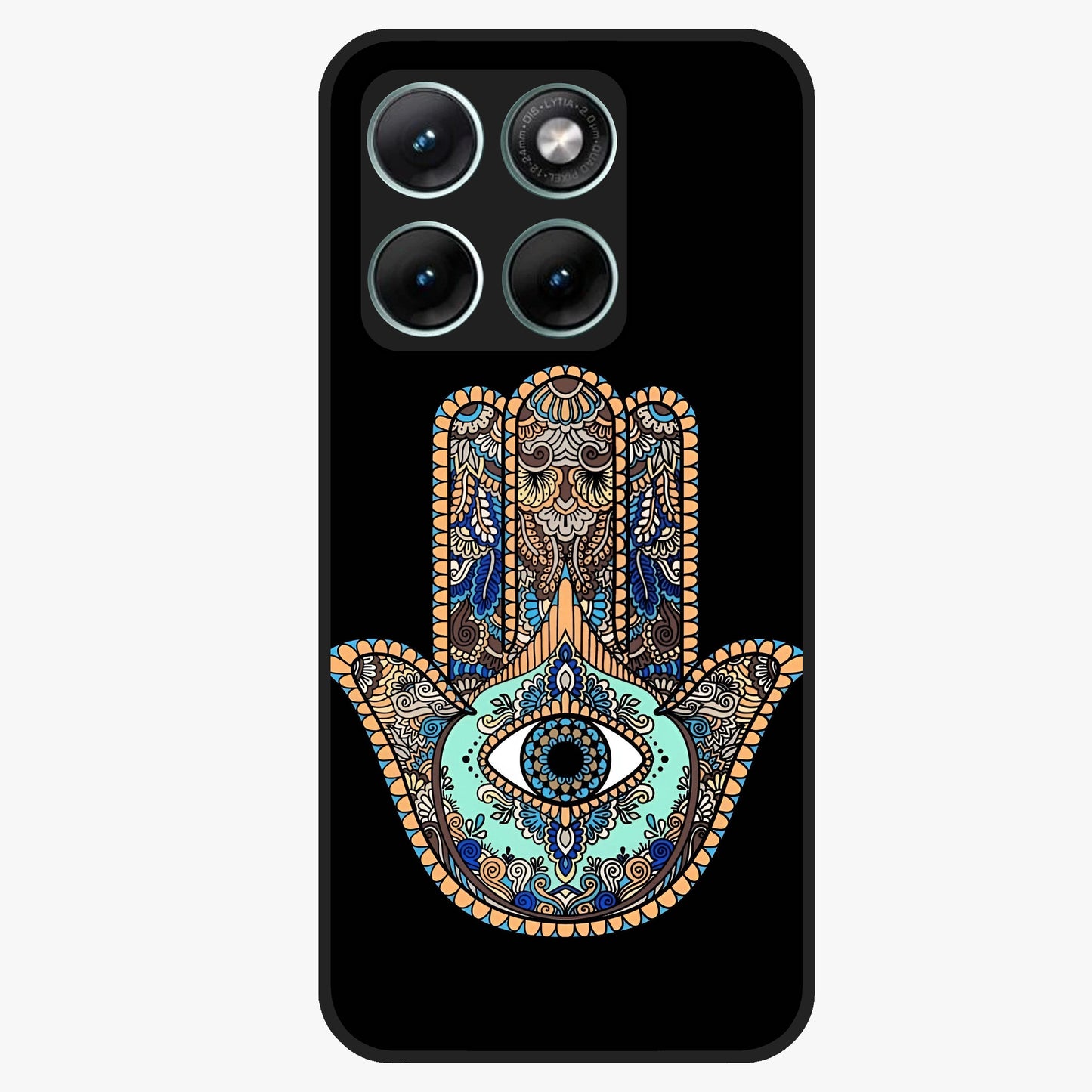 Mystic Hamsa Eye Glass Case showing flat back view with protective hamsa hand and evil eye artwork and glossy glass finish.