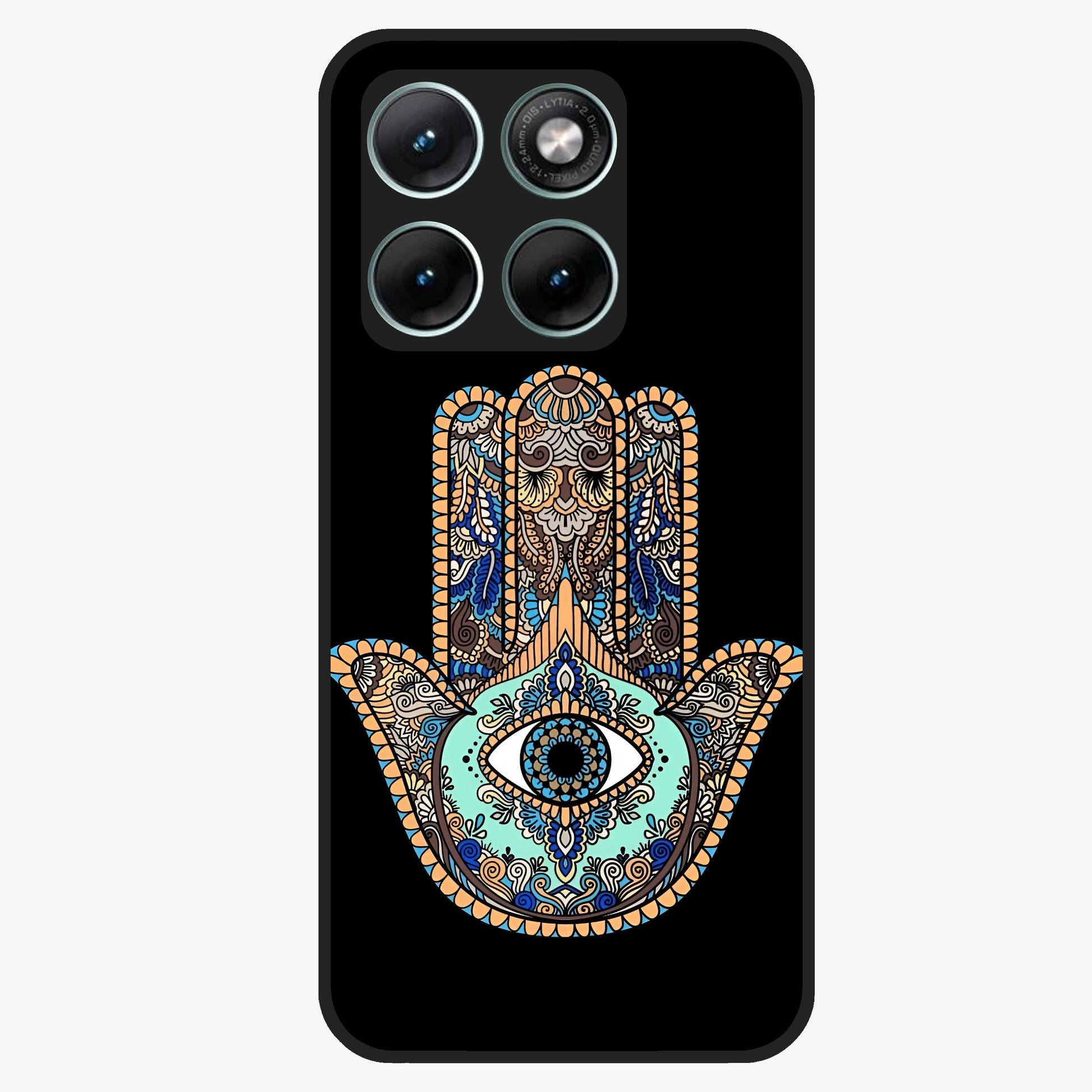 Mystic Hamsa Eye Glass Case showing flat back view with protective hamsa hand and evil eye artwork and glossy glass finish.
