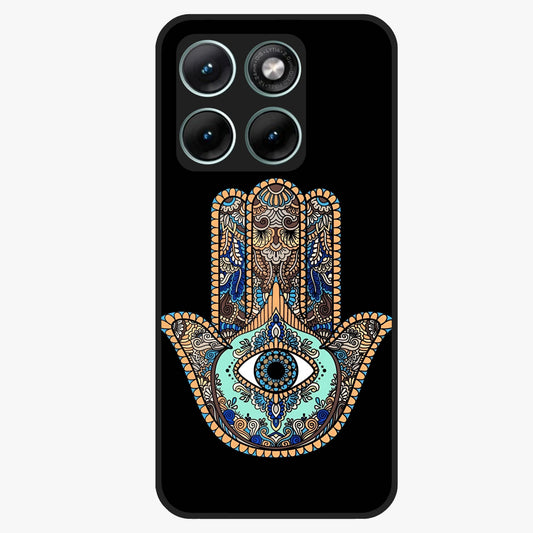 Mystic Hamsa Eye Glass Case showing flat back view with protective hamsa hand and evil eye artwork and glossy glass finish.