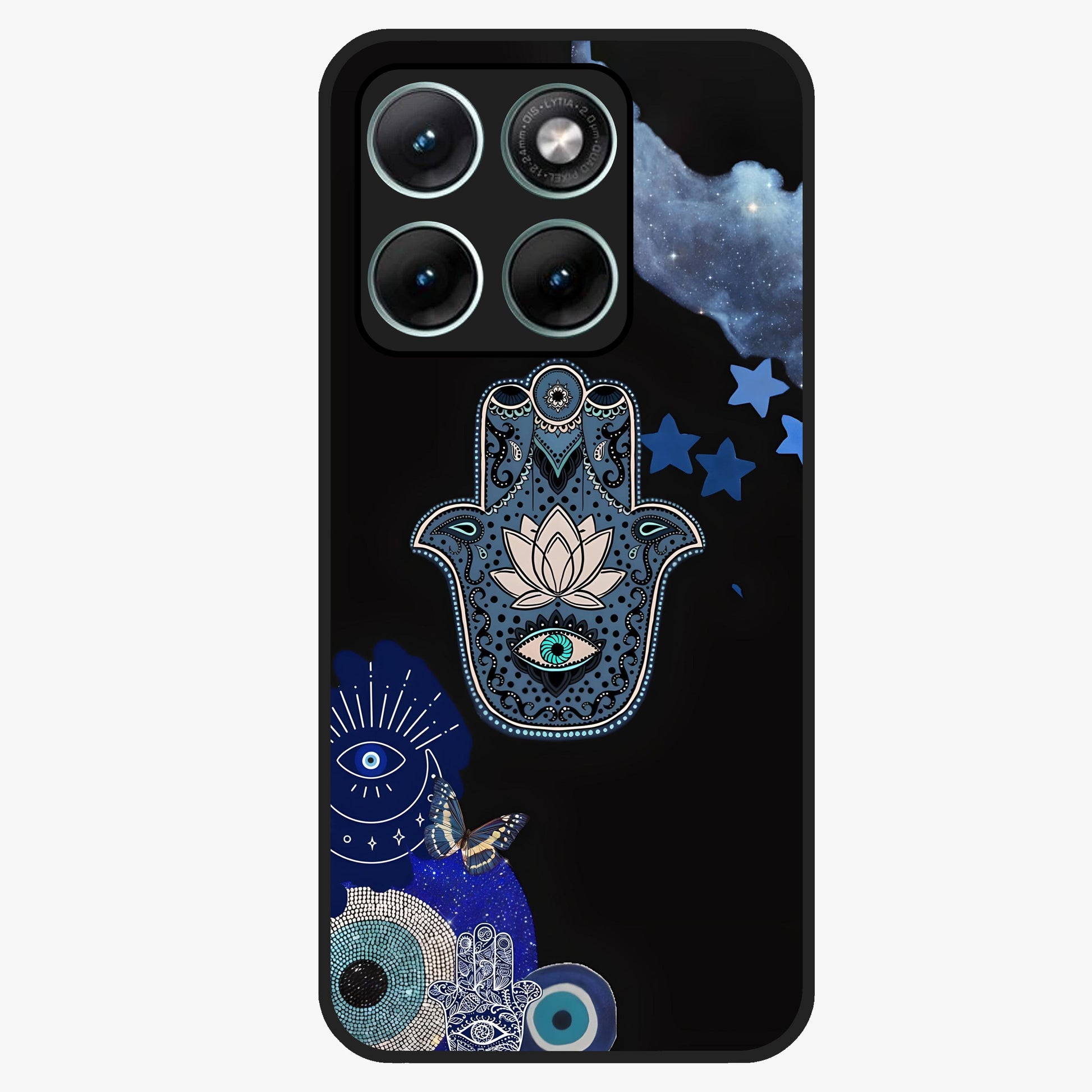 Mystic Hand Aura Glass Case showing flat back view with mystical hand symbol artwork and glossy glass finish.