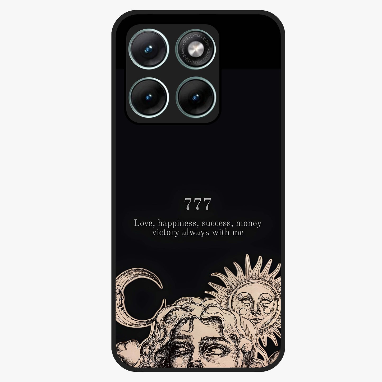 Mystic Victory Aura Glass Case showing flat back view with victory symbol artwork and glossy glass finish.