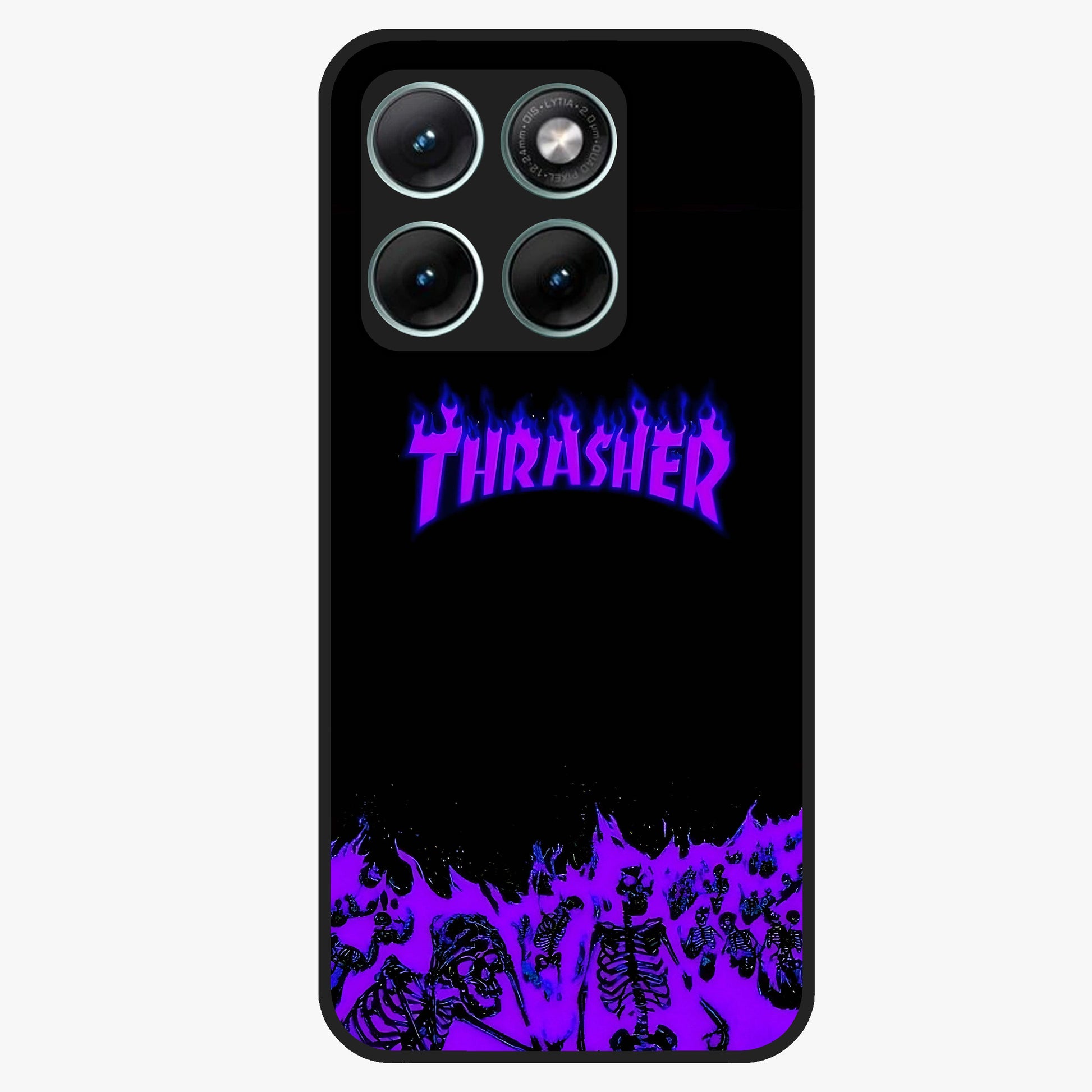 Neon Flame Riot Glass Case showing flat back view with neon flame artwork and glossy glass finish.