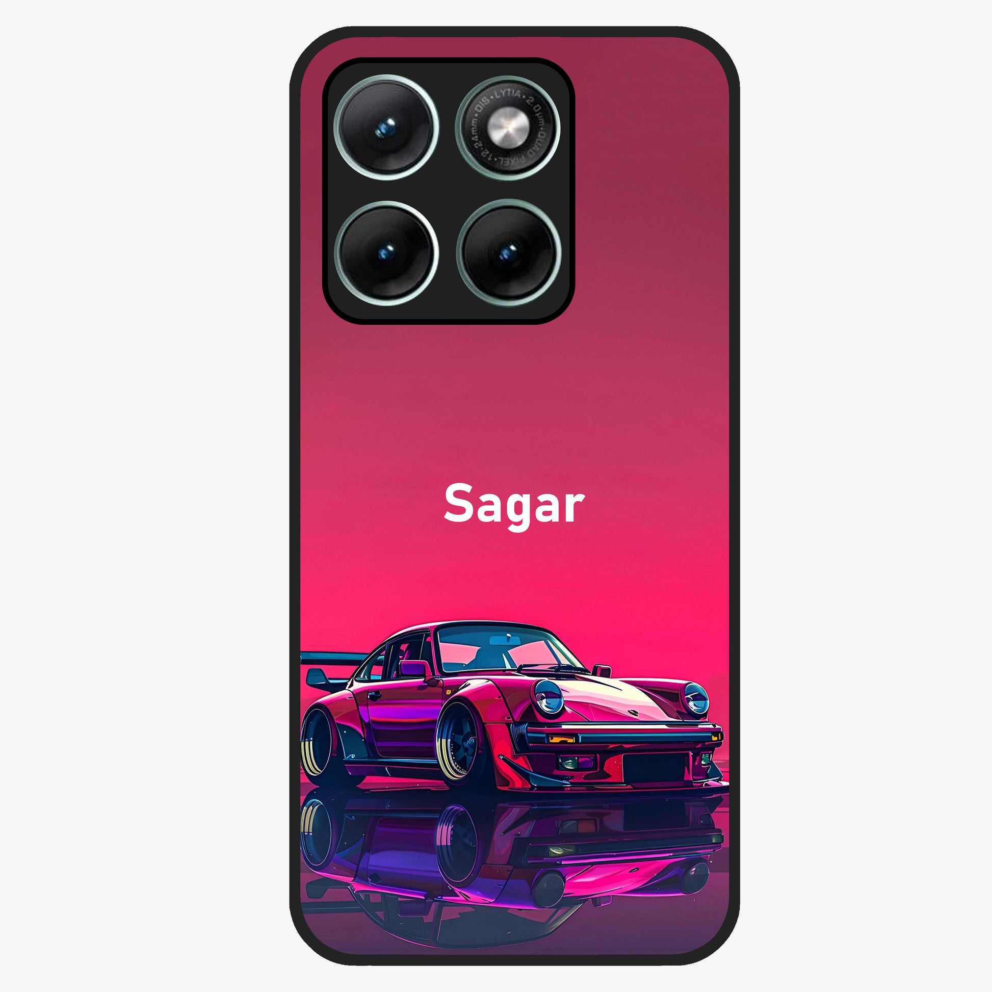 Neon Pink Porsche Glass Case showing flat back view with stylish sports car artwork and glossy glass finish.