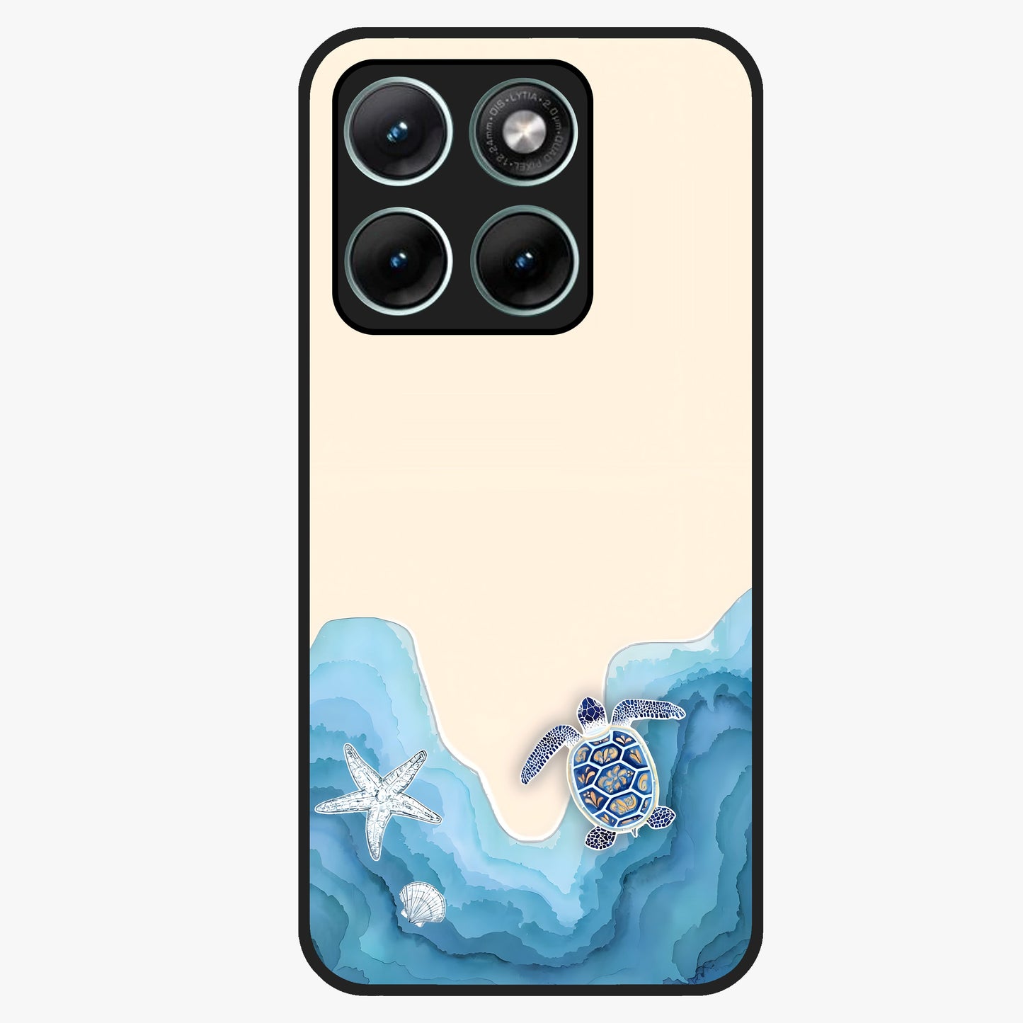 Ocean Drift Turtle Glass Case showing flat back view with sea turtle artwork and glossy glass finish.