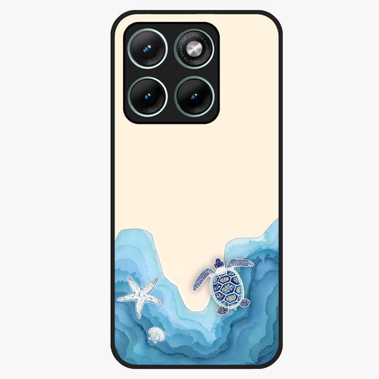 Ocean Drift Turtle Glass Case showing flat back view with sea turtle artwork and glossy glass finish.