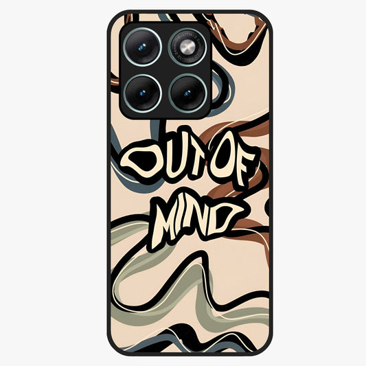Out Of Mind Glass Case showing flat back view with expressive typography artwork and glossy glass finish.