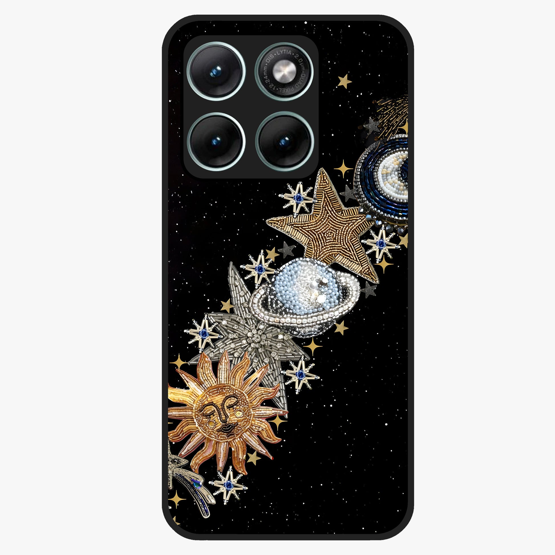 Pearls Universe Object Glass Case showing flat back view with pearl inspired cosmic artwork and glossy glass finish.