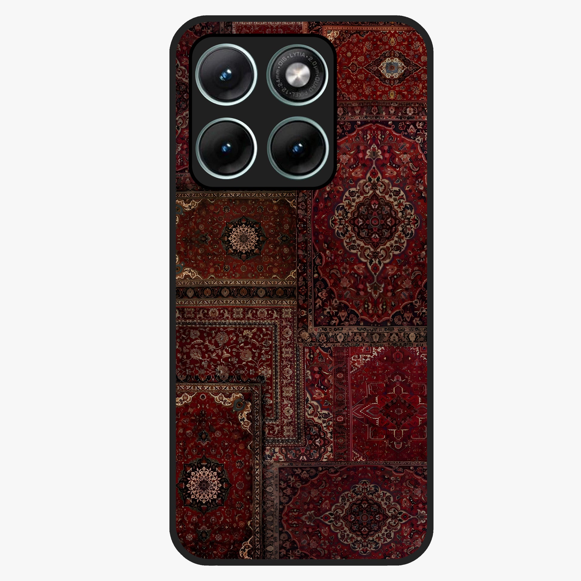 Persian Velvet Tale Glass Case showing flat back view with luxurious Persian velvet pattern artwork and glossy glass finish.