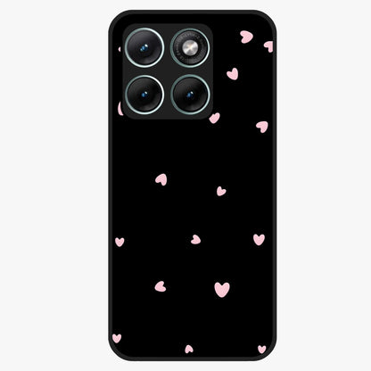 Pink Love Drops Glass Case showing flat back view with playful pink heart drops artwork and glossy glass finish.