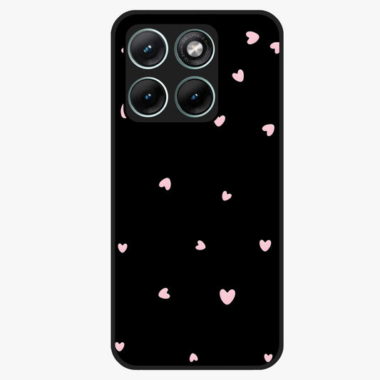 Pink Love Drops Glass Case showing flat back view with playful pink heart drops artwork and glossy glass finish.
