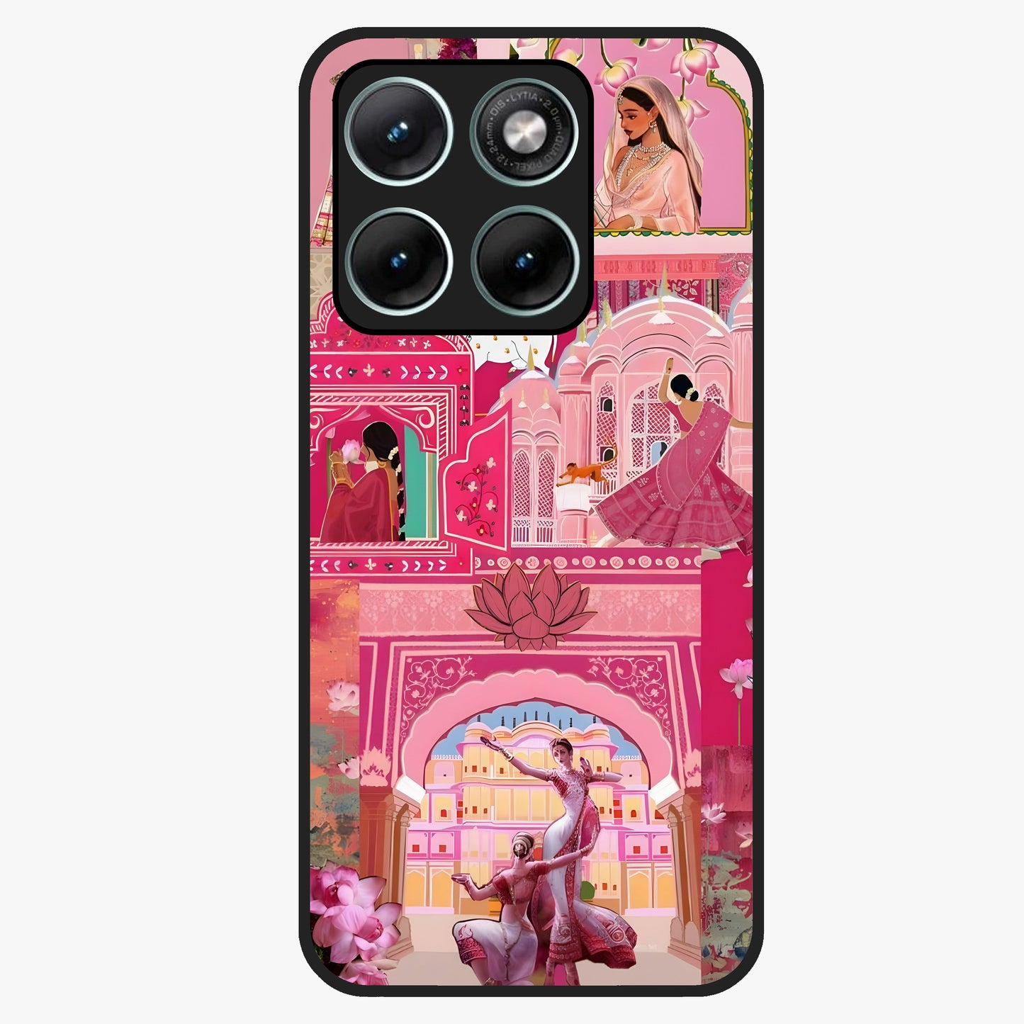 Pink Palace Muse Glass Case showing flat back view with elegant palace inspired artwork and glossy glass finish.