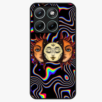 Psychedelic Sun Glass Case showing flat back view with colorful psychedelic sun artwork and glossy glass finish.
