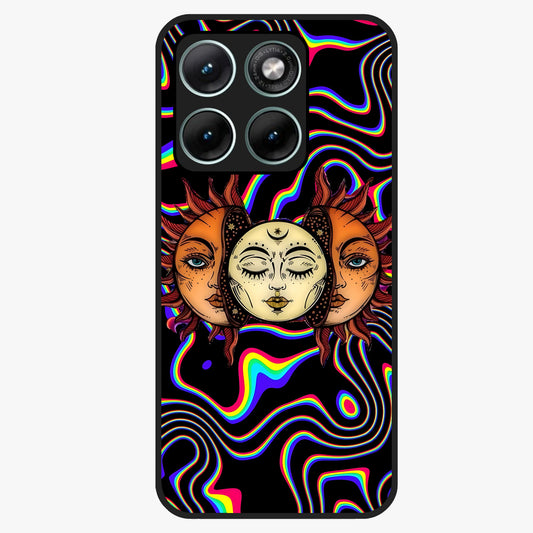 Psychedelic Sun Glass Case showing flat back view with colorful psychedelic sun artwork and glossy glass finish.