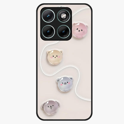 Puffy Face Parade Glass Case showing flat back view with cute puffy character faces artwork and glossy glass finish.