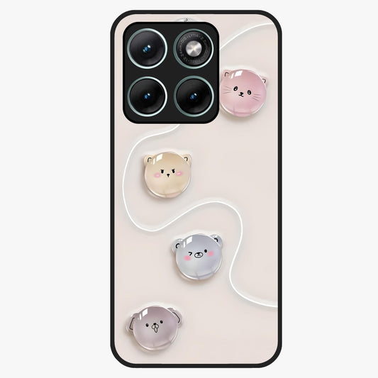 Puffy Face Parade Glass Case showing flat back view with cute puffy character faces artwork and glossy glass finish.