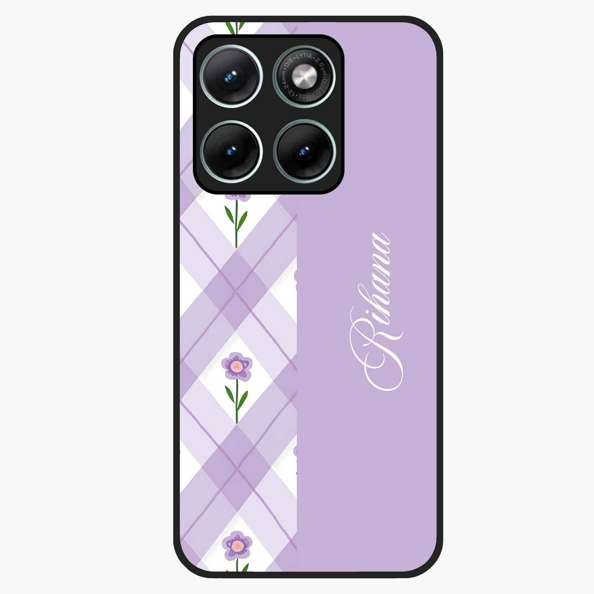 Purple Diamond Floral Glass Case showing flat back view with diamond shaped floral artwork and glossy glass finish.