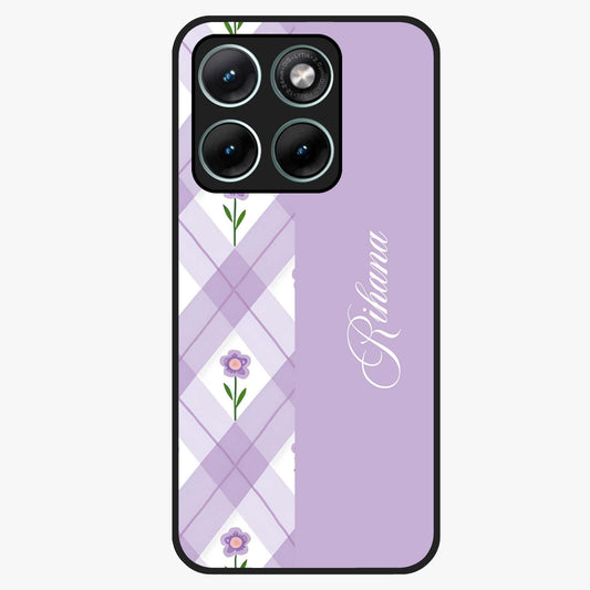 Purple Diamond Floral Glass Case showing flat back view with diamond shaped floral artwork and glossy glass finish.