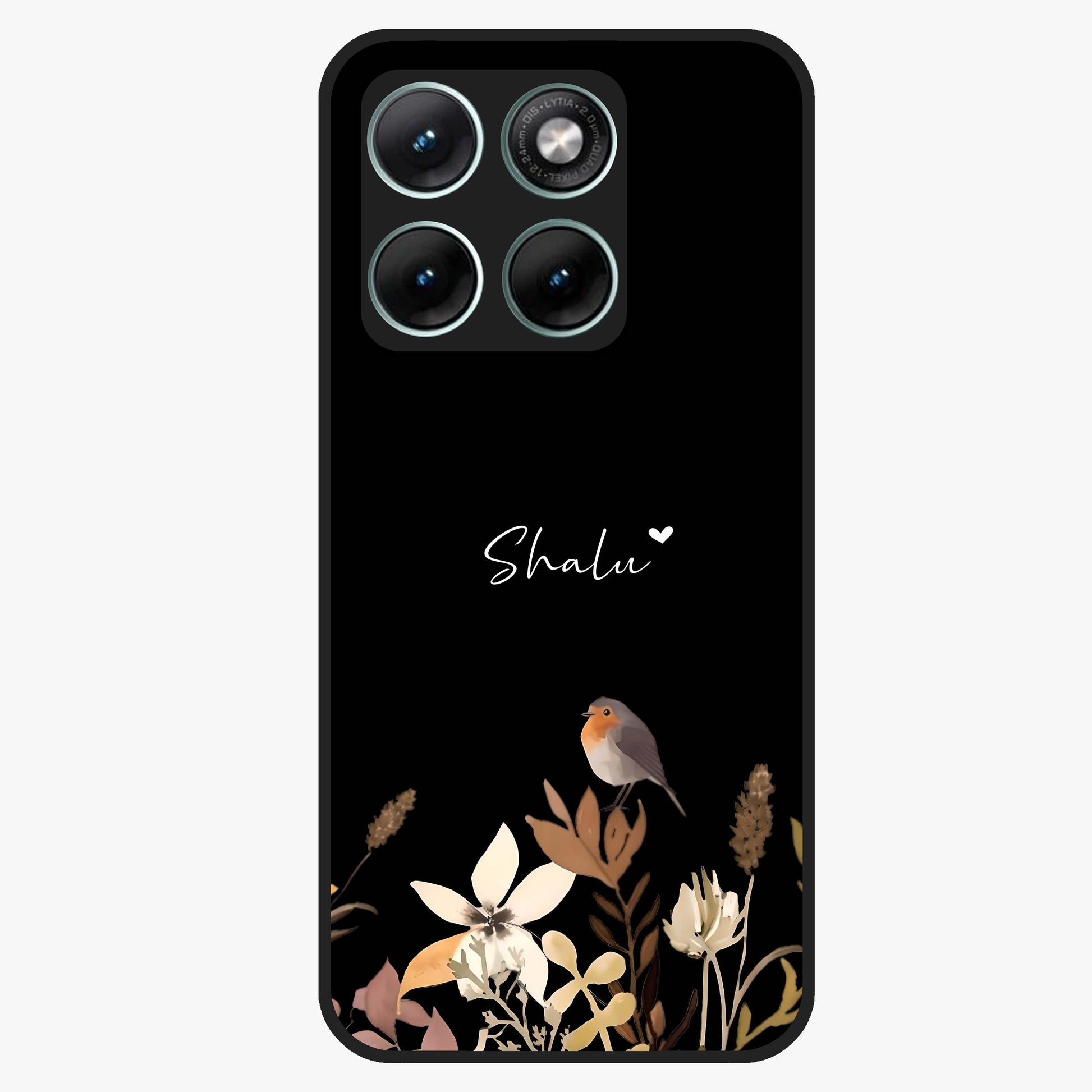 Quiet Garden Tune Custom Name Glass Case showing flat back view with peaceful garden artwork and personalized name design.