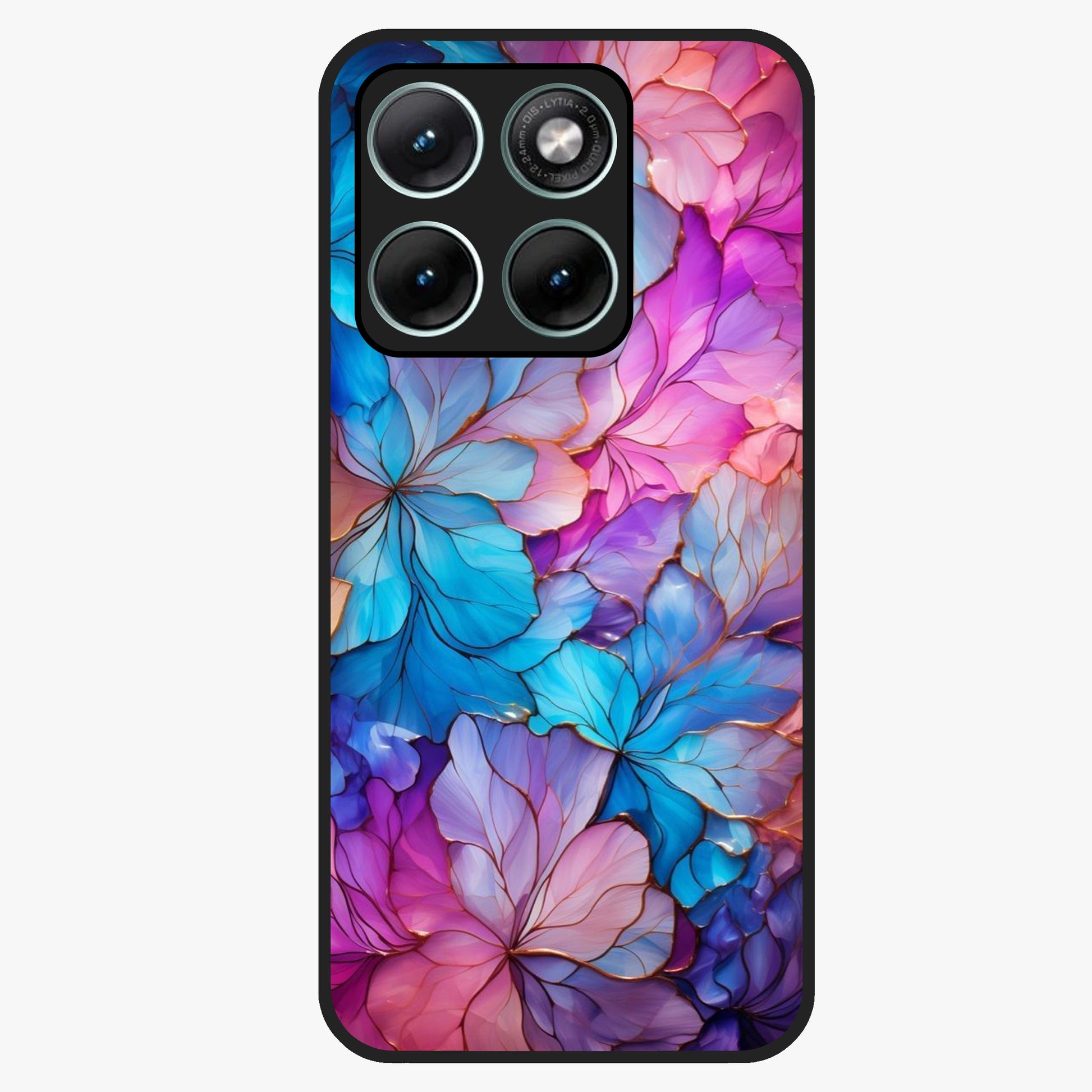 Radiant Floral Whirl Glass Case showing flat back view with swirling floral artwork and glossy glass finish.