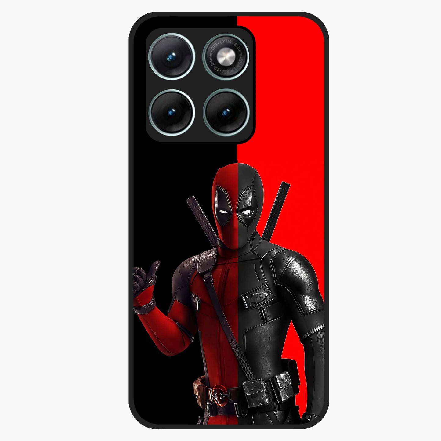 Red & Black Deadpool Theme Glass Case showing flat back view with bold comic inspired artwork and glossy glass finish.
