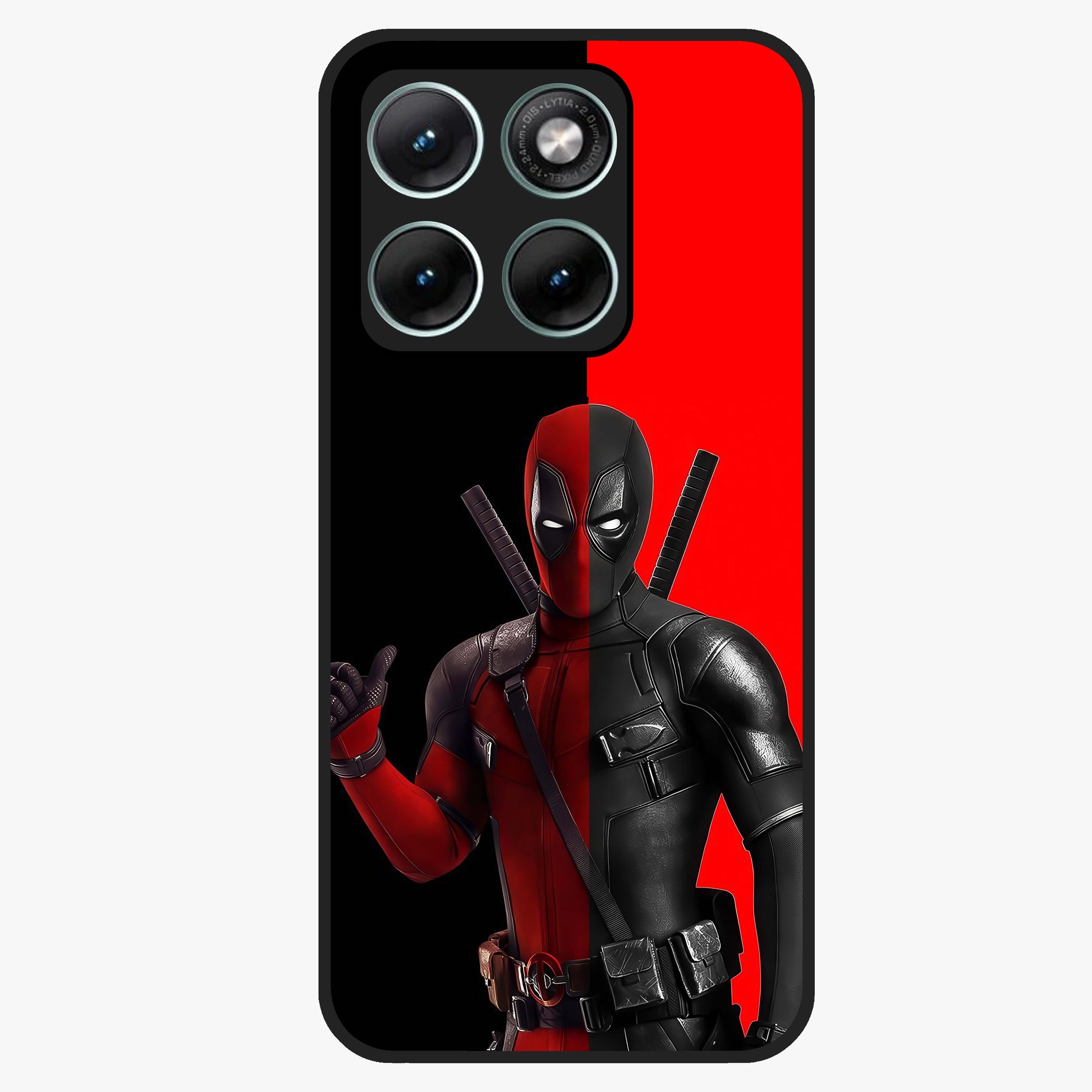 Red & Black Deadpool Theme Glass Case showing flat back view with bold comic inspired artwork and glossy glass finish.
