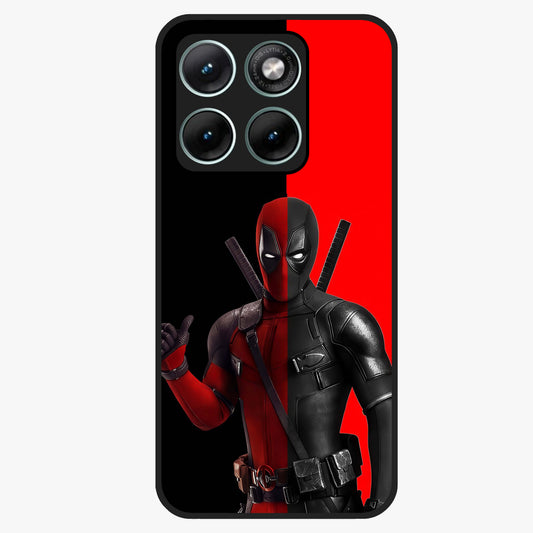 Red & Black Deadpool Theme Glass Case showing flat back view with bold comic inspired artwork and glossy glass finish.