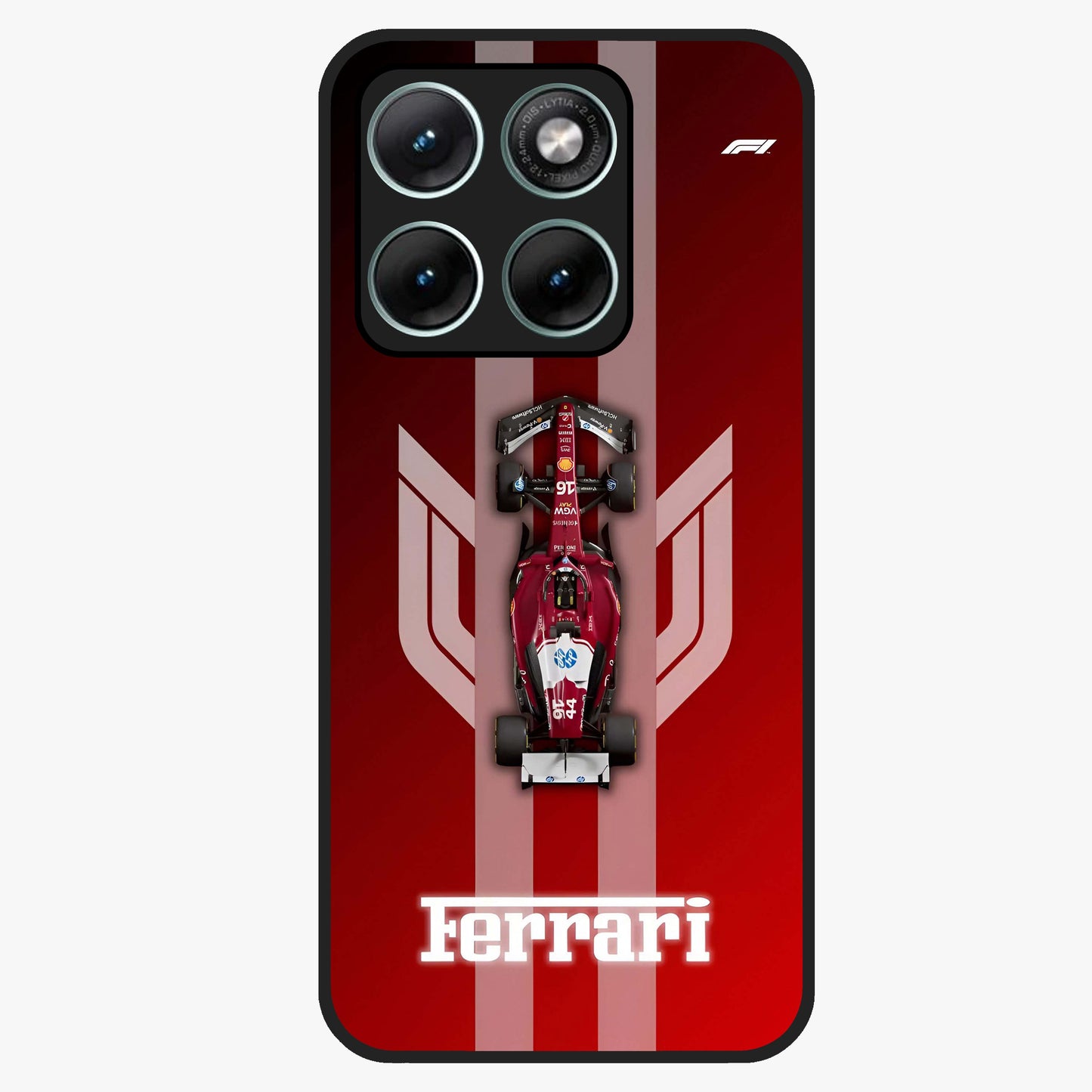 Red Ferrari F1 Vertical Glass Case showing flat back view with sleek Formula racing car artwork and glossy glass finish.