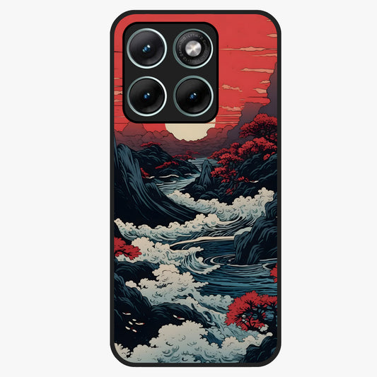 Red Sunset Scenery Glass Case showing flat back view with vibrant sunset landscape artwork and glossy glass finish.